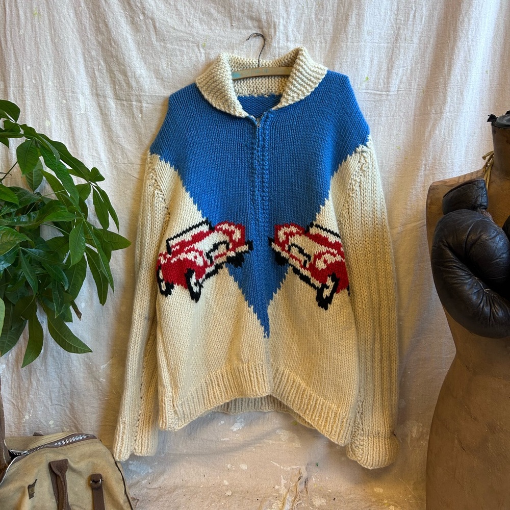 Vintage Cowichan Sweater with Car Design